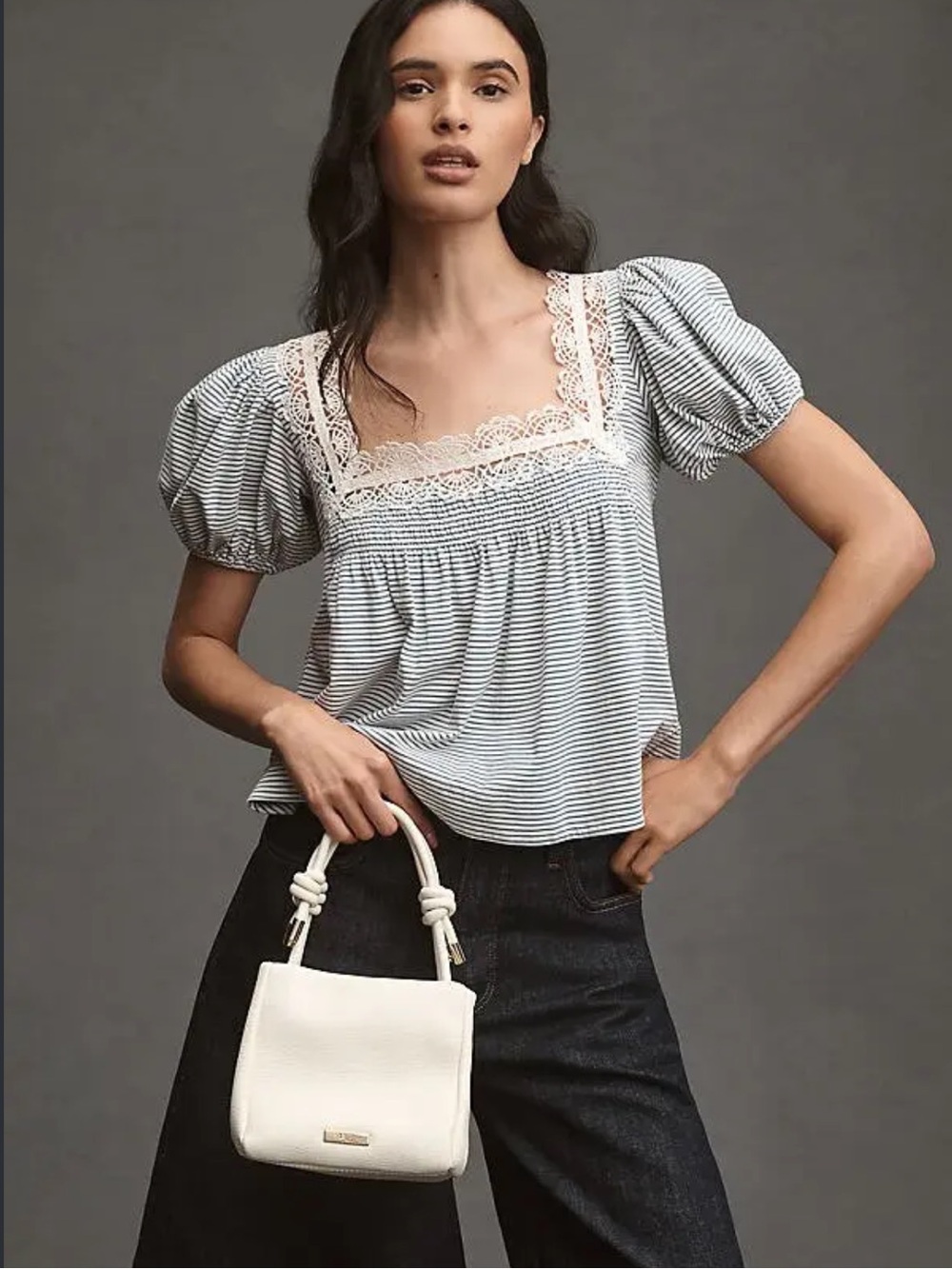 Maeve Blue and White Striped Square-Neck Puff-Sleeve Top